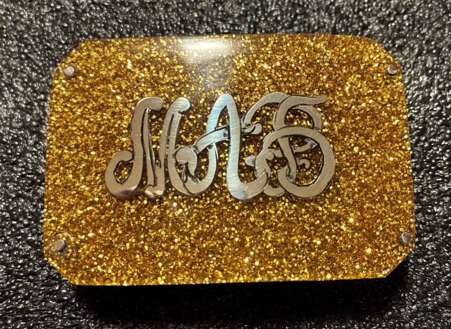 Goldstone acrylic buckle with flush inlaid initials